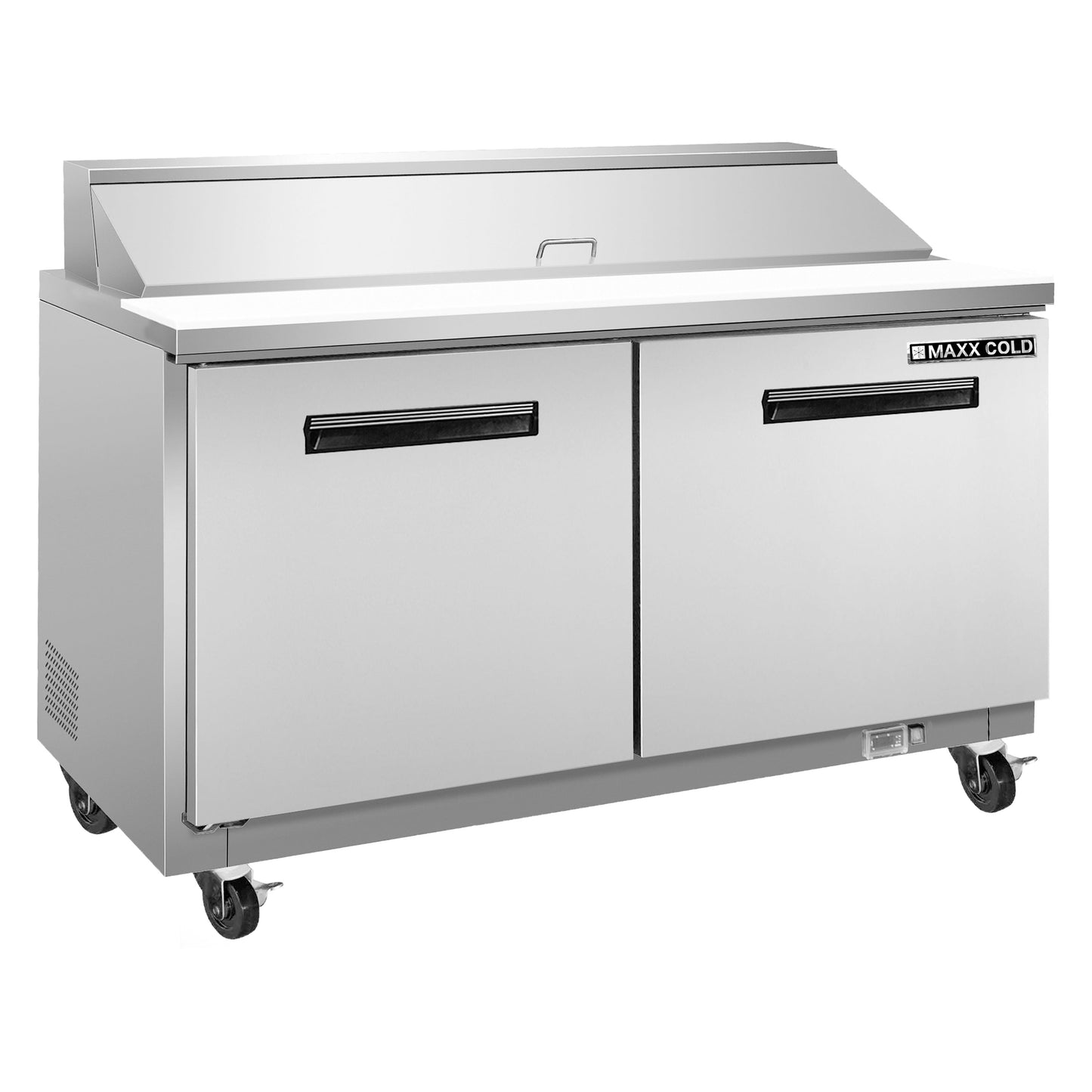 Maxx Cold Two-Door Refrigerated Sandwich and Salad Prep Station, 61"W, 15.5. cu. ft. Storage Capacity, Equipped with (16) 4” Deep Pans and Cutting Board, in Stainless Steel - MXCR60SHC