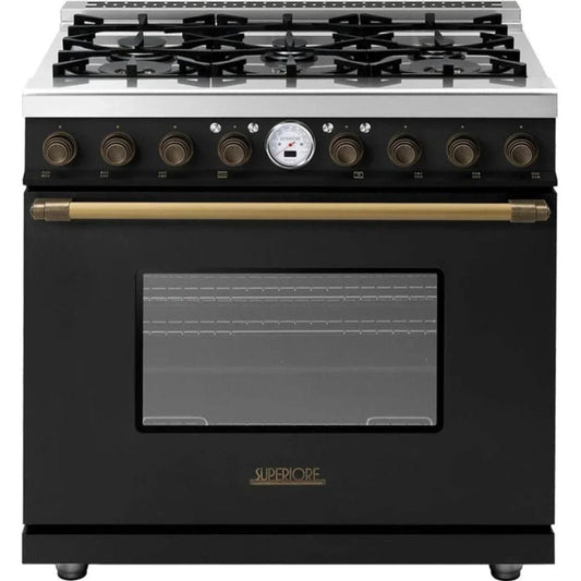 Superiore Deco 36-Inch Gas Freestanding Range in Black Matte with Bronze Trim - RD361GCN_B_