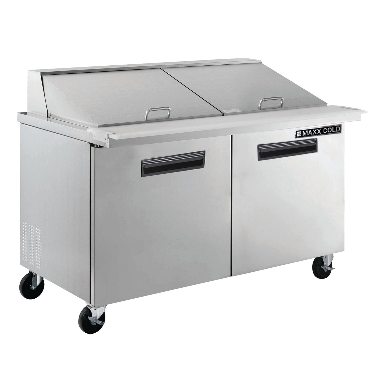 Maxx Cold Two-Door Refrigerated Megatop Prep Unit, 61"W, 15.5 cu. ft. Storage Capacity, Equipped with (24) 4" Deep Pans and Cutting Board, in Stainless Steel - MXCR60MHC