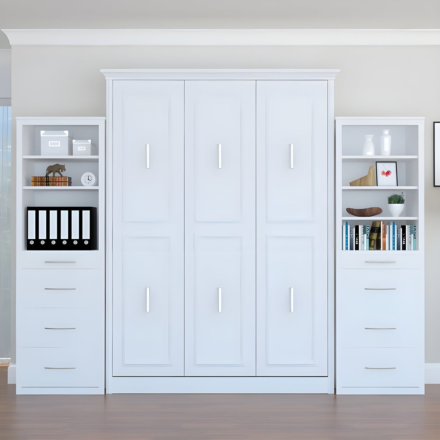 Queen Murphy Bed w/ Storage Cabinets, White by Leto Muro