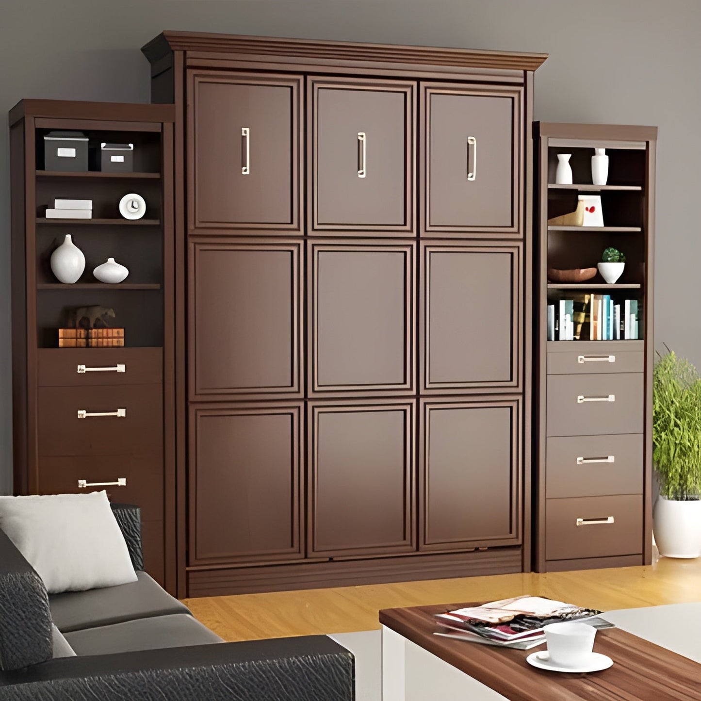Queen Murphy Bed w/ Storage Cabinets, Walnut, by Leto Muro