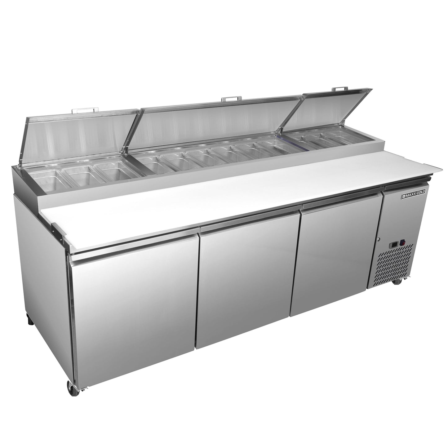 Maxx Cold Three-Door Refrigerated Pizza Prep Table, 92" W, 30.87 cu. ft. Storage Capacity, Equipped with (12) 4" Deep Pans and Cutting Board, in Stainless Steel - MXSPP92HC