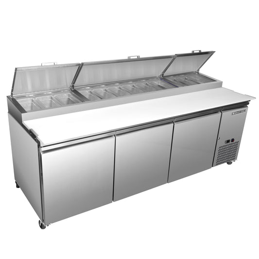 Maxx Cold Three-Door Refrigerated Pizza Prep Table, 92" W, 30.87 cu. ft. Storage Capacity, Equipped with (12) 4" Deep Pans and Cutting Board, in Stainless Steel - MXSPP92HC