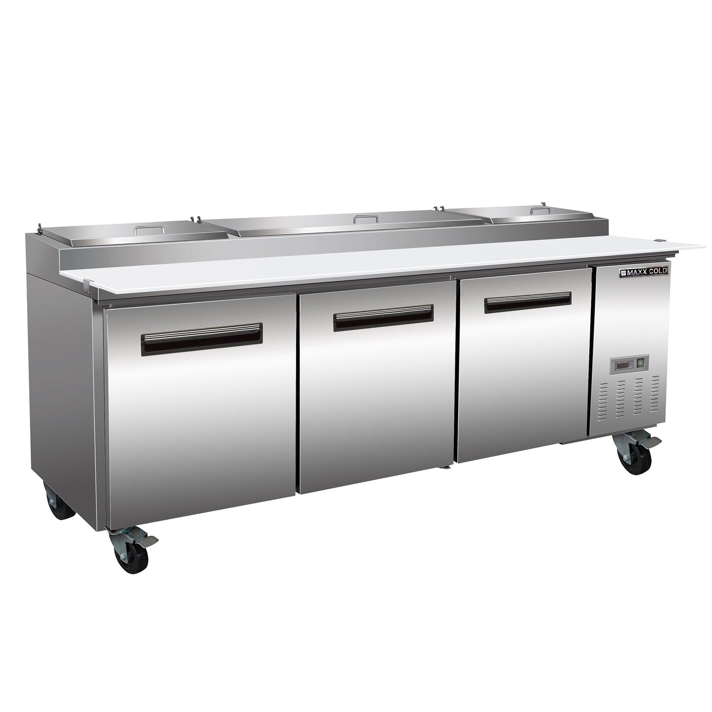 Maxx Cold Three-Door Refrigerated Pizza Prep Table, 94.2”W, 32 cu. ft. Storage Capacity, Equipped with (12) 4” Deep Pans and Cutting Board, in Stainless Steel - MXCPP92HC
