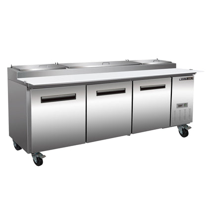 Maxx Cold Three-Door Refrigerated Pizza Prep Table, 94.2”W, 32 cu. ft. Storage Capacity, Equipped with (12) 4” Deep Pans and Cutting Board, in Stainless Steel - MXCPP92HC