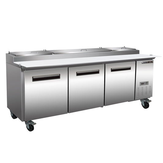 Maxx Cold Three-Door Refrigerated Pizza Prep Table, 94.2”W, 32 cu. ft. Storage Capacity, Equipped with (12) 4” Deep Pans and Cutting Board, in Stainless Steel - MXCPP92HC